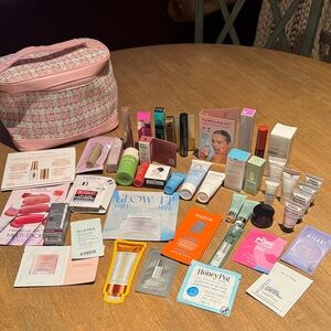 46-Piece Beauty Sample Lot + Pink Tweed Makeup Case | Skincare, Makeup & Hair